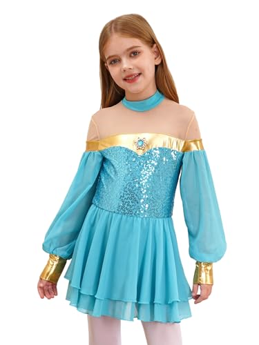 Xnihocha Mädchen Elegante Kleid Arabische Prinzessin Kostüm Pailletten Tüll Kleid Halloween Cosplay Outfit für Kinder Hellblau 134-140 von Xnihocha