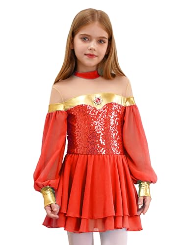 Xnihocha Mädchen Elegante Kleid Arabische Prinzessin Kostüm Pailletten Tüll Kleid Halloween Cosplay Outfit für Kinder Rot 134-140 von Xnihocha