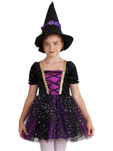 Xnihocha Mädchen Hexenkleid Kinder Fancy Partykleid Set mit Hut Rollenspiele Hexenkostüm Faschingskostüme Halloween Karneval Kostüm Violett 110-116 von Xnihocha