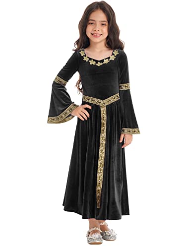 Xnihocha Mädchen Mittelalter Kostüm Mittelalterlichen Renaissance Samt Kleid Langarm Prinzessin Partykleid Vintage Maxikleid Halloween Karneval Schwarz 170-176 von Xnihocha