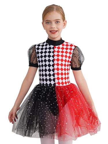 Xnihocha Mädchen Pailletten Clown Cosplay Kleid Kurzarm Balletttrikot Tanzbody mit Tutu Festliches Partykleid für Karneval Cosplay Rot 170 von Xnihocha