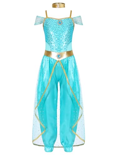 Xnihocha Mädchen Prinzessin Jasmin Kostüm Kinder Arabische Indische Jumpsuit Einteiliger Bauchtanz Kostüm Karneval Faschingkostüm Hellblau 170 von Xnihocha