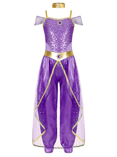 Xnihocha Mädchen Prinzessin Jasmin Kostüm Kinder Arabische Indische Jumpsuit Einteiliger Bauchtanz Kostüm Karneval Faschingkostüm Violett 158-164 von Xnihocha