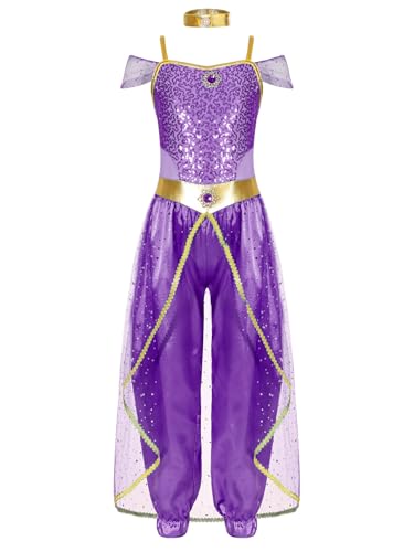 Xnihocha Mädchen Prinzessin Kostüm Kinder Arabische Indische Jumpsuit Einteiliger Bauchtanz Kostüm Karneval Faschingkostüm Violett 110-116 von Xnihocha