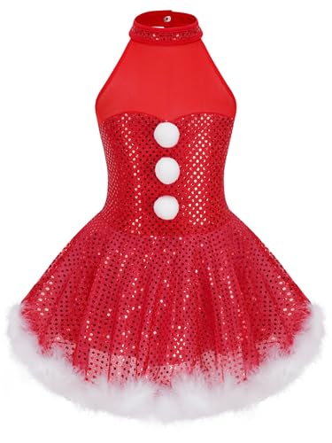 Xnihocha Mädchen Weihnachtskleid Glitzer Ärmellos Schneemann Kostüm Neckholder Mesh Tutu Tanzkleid Party Festkleid Rot 122-128 von Xnihocha