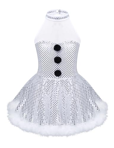 Xnihocha Mädchen Weihnachtskleid Glitzer Ärmellos Schneemann Kostüm Neckholder Mesh Tutu Tanzkleid Party Festkleid Weiß 146-152 von Xnihocha