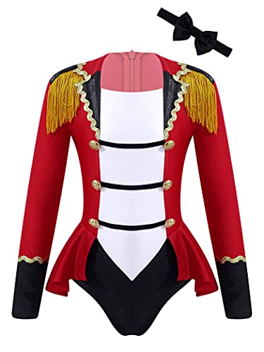 Xnihocha Mädchen Zirkus Kostüm Zirkusdirektorin Langarm Bodysuit Overall mit Krawatte Ringmaster Uniform Cosplay Halloween Fasching Rot 170-176 von Xnihocha