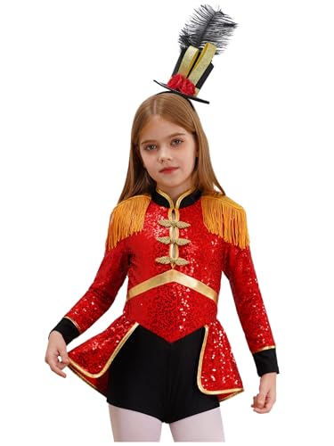 Xnihocha Mädchen Zirkus Zirkusdirektor Outfit Langarm Pailletten Tanzbody Uniform Und Hat Zubehör Party Tanzkostüm Rot A 122-128 von Xnihocha