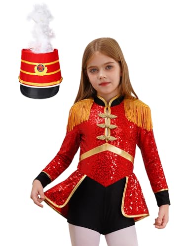 Xnihocha Mädchen Zirkus Zirkusdirektor Outfit Langarm Pailletten Tanzbody Uniform Und Hat Zubehör Party Tanzkostüm Rot B 110-116 von Xnihocha