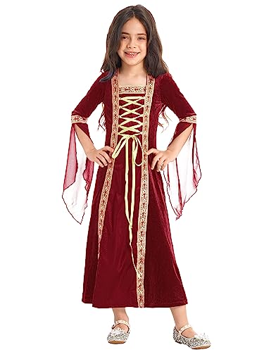 Xnihocha Mittelalterliche Renaissance Mädchen Prinzessin Kleid Renaissance Party Kleid Lange Ärmel Vintage Maxikleid Halloween Kostüme Burgundy 110-116 von Xnihocha