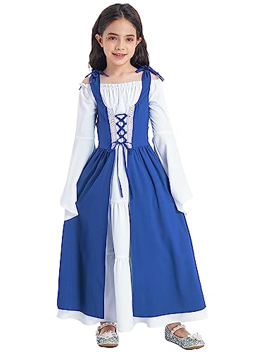 Xnihocha Prinzessin Kleid Mittelalter Kostüme Mädchen Langarm Renaissance Kleid Vintage Lange Steampunk Festliches Maxikleid Karneval Halloween Blau 134-140 von Xnihocha