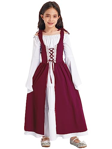 Xnihocha Prinzessin Kleid Mittelalter Kostüme Mädchen Langarm Renaissance Kleid Vintage Lange Steampunk Festliches Maxikleid Karneval Halloween Burgundy 122-128 von Xnihocha