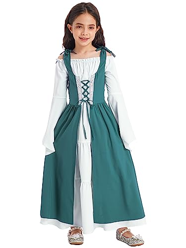 Xnihocha Prinzessin Kleid Mittelalter Kostüme Mädchen Langarm Renaissance Kleid Vintage Lange Steampunk Festliches Maxikleid Karneval Halloween Grün 158-164 von Xnihocha