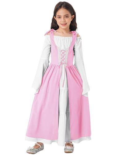 Xnihocha Prinzessin Kleid Mittelalter Kostüme Mädchen Langarm Renaissance Kleid Vintage Lange Steampunk Festliches Maxikleid Karneval Halloween Rosa 134-140 von Xnihocha