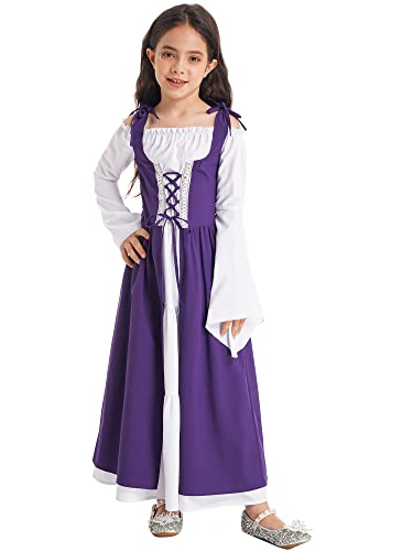 Xnihocha Prinzessin Kleid Mittelalter Kostüme Mädchen Langarm Renaissance Kleid Vintage Lange Steampunk Festliches Maxikleid Karneval Halloween Violett 146-152 von Xnihocha