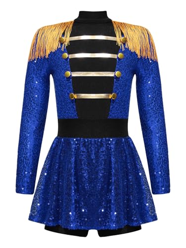 Xnihocha Zirkus Kostüm Kinder Mädchen Zirkusdirektor Uniform Langarm Bodysuit Overall Glitzer Tanztrikot Party Tanzkleidung Blau 170-176 von Xnihocha