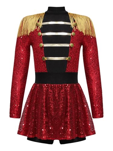 Xnihocha Zirkus Kostüm Kinder Mädchen Zirkusdirektor Uniform Langarm Bodysuit Overall Glitzer Tanztrikot Party Tanzkleidung Rot 110-116 von Xnihocha