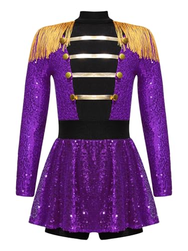 Xnihocha Zirkus Kostüm Kinder Mädchen Zirkusdirektor Uniform Langarm Bodysuit Overall Glitzer Tanztrikot Party Tanzkleidung Violett 170-176 von Xnihocha