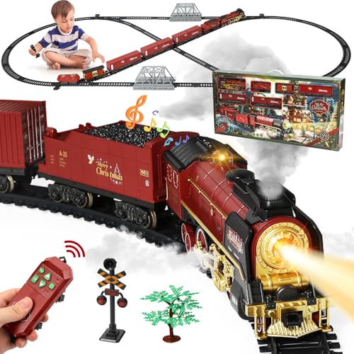 Eisenbahn Kinder Elektrisch Zug, Fernbedienung Dampfzug Spielzeug mit Rauch, Lichtern und Ton, Elektrische Eisenbahnsets für Kinder mit Eisenbahnbausätzen, Geschenke Zug Spielzeug für Kinder 3+ Jahren von Xoeminor