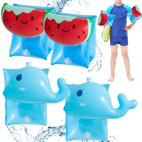 Xoeryoy Aufblasbare Schwimmflügel für Kinder, 2 Paar süße Cartoon Schwimmflügel mit Ventil, Schwimmflügel für Kinder mit hohem Auftrieb, PVC, Schwimmtrainingsgerät, Wassermelone + Wal von Xoeryoy