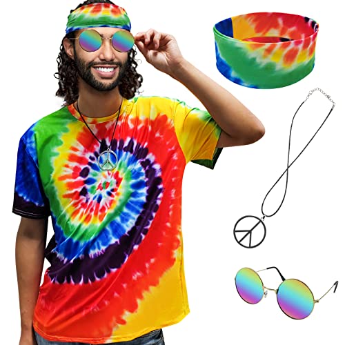 XonyiCos Hippie-Kostüm für Herren und Damen, 60er und 70er Jahre, buntes T-Shirt, Sonnenbrille, Stirnband, Friedenskette, 4-teiliges Set für Motto-Party, 3XL von XonyiCos