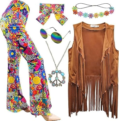 XonyiCos 6 Stück 60er 70er Jahre Hippie Kostüm Disco Outfits Fransenweste Boho Schlaghosen Frieden Zubehör Set Halloween für Frauen Karnevalskostüm (Brown, M) von XonyiCos