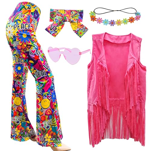 XonyiCos 6 Stück 60er 70er Jahre Hippie Kostüm Disco Outfits Fransenweste Boho Schlaghosen Frieden Zubehör Set Halloween für Frauen Karnevalskostüm (Frieden Liebe, L) von XonyiCos