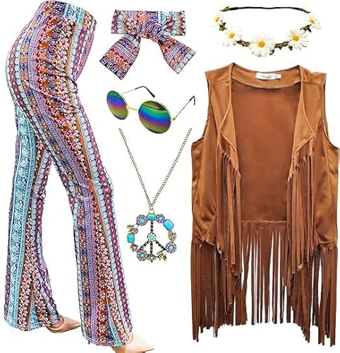 XonyiCos 6 Stück 60er 70er Jahre Hippie Kostüm Disco Outfits Fransenweste Boho Schlaghosen Frieden Zubehör Set Halloween für Frauen Karnevalskostüm (Retro, 3XL) von XonyiCos