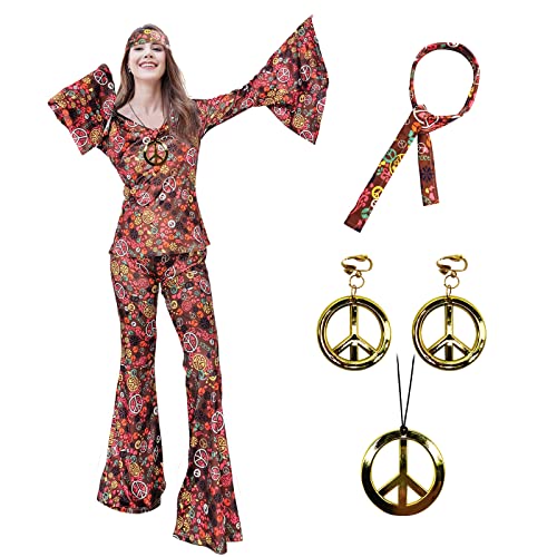 6 Stück XonyiCos 70er Jahre Hippie Kostüme Zubehör für Damen Disco Outfit, 70er Jahre Mottoparty Kostüm, Halloween Boho Schlaghose (Braun, L) von XonyiCos