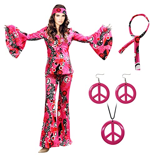 XonyiCos 6 Stück 70er Jahre Hippie Kostüme Zubehör für Damen Disco Outfit, 70er Jahre Mottoparty Kostüm, Halloween Boho Schlaghose (Rosa, M) von XonyiCos