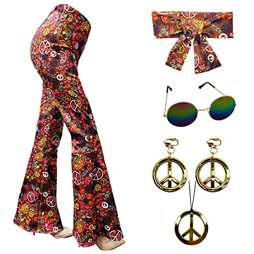 XonyiCos 60er 70er Jahre Frauen Kostüme Zubehör Hippie Hosen Bell Bottom ausgestellte Hosen Yoga Hosen für 70er Jahre Theme Party Halloween Cosplay (Braun, S) von XonyiCos