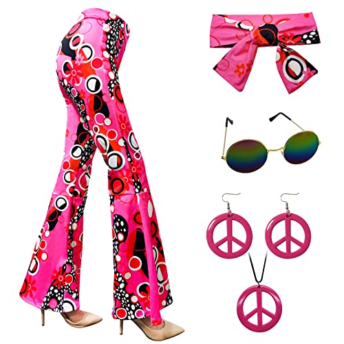 XonyiCos 60er 70er Jahre Frauen Kostüme Zubehör Hippie Hosen Bell Bottom ausgestellte Hosen Yoga Hosen für 70er Jahre Theme Party Halloween Cosplay (Rosa, 3XL) von XonyiCos