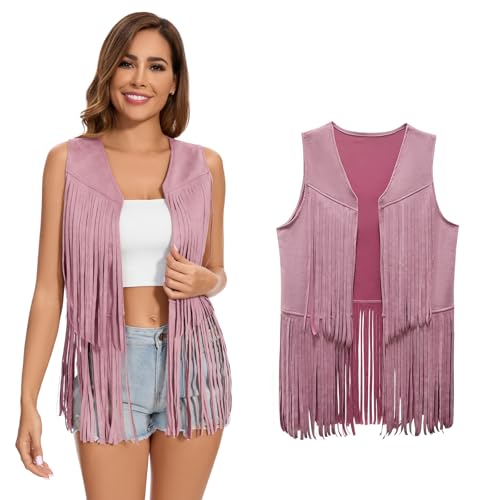 XonyiCos Damen Fringe Weste 70er Jahre 60er Jahre Hippie Weste Ärmellose Cowgirl Western Faux Wildleder Quaste Lederjacke Karneval und Rollenspiele Kostüme (Rosa Quaste Weste, 3XL) von XonyiCos