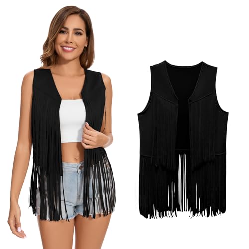 XonyiCos Damen Fringe Weste 70er Jahre 60er Jahre Hippie Weste Ärmellose Cowgirl Western Faux Wildleder Quaste Lederjacke Karneval und Rollenspiele Kostüme (Schwarze Quaste Weste, 3XL) von XonyiCos