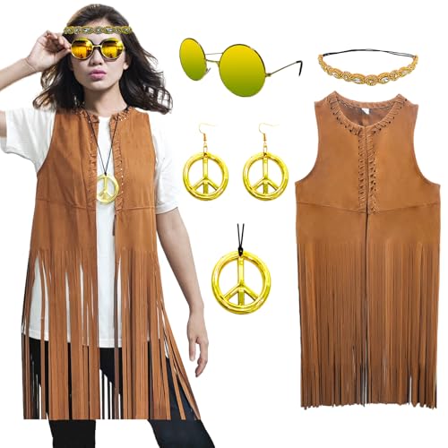 XonyiCos Hippie Kostüm Damen Weste Set 60er 70er Jahre Outfit Damen Disco Fransenweste,Faschingskostüme für Karneval, Hippie Accessoires (Braun, 3XL) von XonyiCos