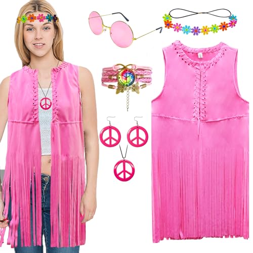 XonyiCos Hippie Kostüm Damen Weste Set 60er 70er Jahre Outfit Damen Disco Fransenweste,Faschingskostüme für Karneval, Hippie Accessoires (Rosa, 3XL) von XonyiCos