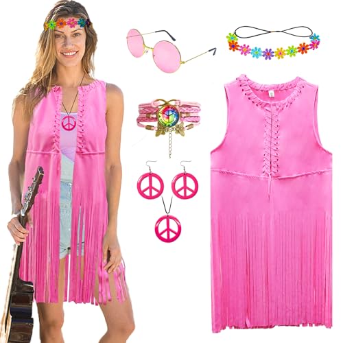 XonyiCos Hippie Kostüm Damen Weste Set 60er 70er Jahre Outfit Damen Disco Fransenweste,Faschingskostüme für Karneval, Hippie Accessoires (Rosa, S) von XonyiCos