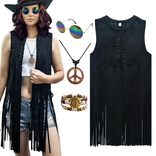 XonyiCos Hippie Kostüm Damen Weste Set 60er 70er Jahre Outfit Damen Disco Fransenweste,Faschingskostüme für Karneval, Hippie Accessoires (Schwarz, 3XL) von XonyiCos