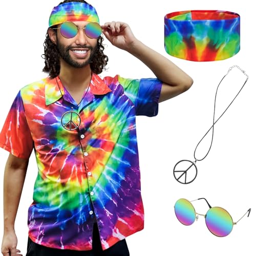 XonyiCos Hippie-Kostüm für Herren und Damen, 60er und 70er Jahre, buntes Batik-Shirt, Sonnenbrille, Stirnband, Friedenshalskette, 4-teilig, 4-teiliges Batik-Set, X-Large von XonyiCos