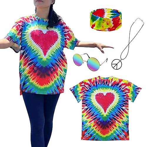 XonyiCos Hippie-Kostüm für Herren und Damen, 60er und 70er Jahre, buntes T-Shirt, Sonnenbrille, Stirnband, Friedenskette, 4-teiliges Set für Motto-Party, Medium von XonyiCos