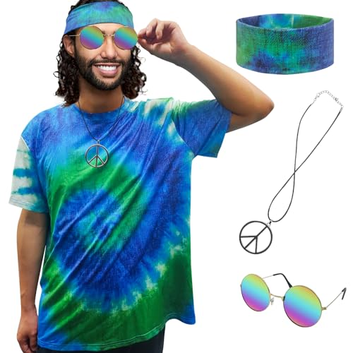 XonyiCos Hippie-Kostüm für Herren und Damen, 60er und 70er Jahre, buntes T-Shirt, Sonnenbrille, Stirnband, Friedenskette, 4-teiliges Set für Motto-Party, XXX-Large von XonyiCos