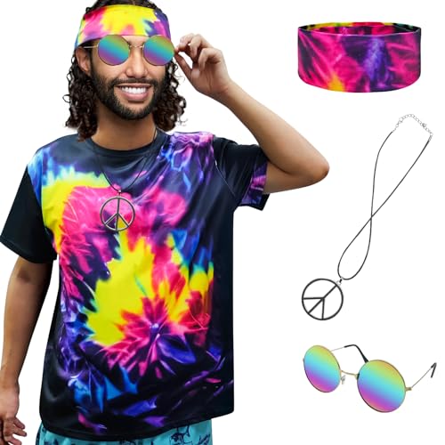 XonyiCos Hippie-Kostüm für Herren und Damen, 60er und 70er Jahre, buntes T-Shirt, Sonnenbrille, Stirnband, Friedenskette, 4-teiliges Set für Motto-Party, Medium von XonyiCos