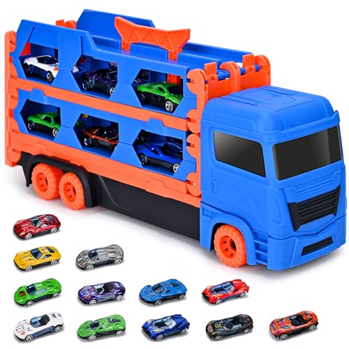 Xoolkly Transport Truck Spielzeugautos mit 12 Mini Cars Truck Autotransporter LKW Spielzeug Ejector Race Track Auto Tragbares Autotransporter Spielzeug Parkhaus Auto für Kinder ab 3 4 5 Jahren, Blau von Xoolkly