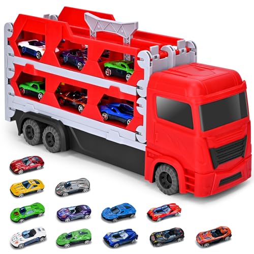 Xoolkly Transport Truck Spielzeugautos mit 12 Mini Cars Truck Autotransporter LKW Spielzeug Ejector Race Track Auto Tragbares Autotransporter Spielzeug Parkhaus Auto für Kinder ab 3 4 5 Jahren, Rot von Xoolkly