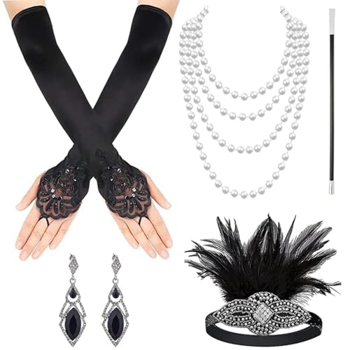 Xrten 5 Stück 20er Jahre Kostüm Damen Set, 1920er Gatsby Accessoires Set, Charleston Verkleiden Accessoires mit Stirnband Handschuhen Perlenkette Ohrringen für 20er Jahre Halloween Weihnachte Xrten 5 Stück 20er Jahre Kostüm Damen Set, 1920er Gatsby Accessoires Set, Charleston Verkleiden Accessoires mit Stirnband Handschuhen Perlenkette Ohrringen für 20er Jahre Halloween Weihnachte von Xrten