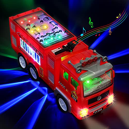 Xruison Feuerwehrauto Spielzeug Auto mit Sound und Licht, 4D LED Licht Feuerwehr Spielzeug, Groß Elektrisch Feuerwehrauto, Beleuchtete Spielzeugauto Geschenk für Kinder Jungs Mädchen von Xruison