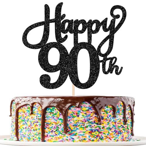 1 Packung Happy 90th Birthday Cake Topper Glitter Cheers to 90 Years Birthday Cake Pick Ninety Hello 90 Fabulous Cake Decoration for Happy 90th Birthday Anniversary Party Cake Decorations Black von Xsstarmi