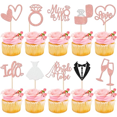 Cupcake-Aufsätze mit Aufschrift "Bride to Be", "Miss to Mrs I Do", Herz-Ring, Cupcake-Picks, Hochzeit, Brautparty, Kuchendekorationen für Hochzeit, Verlobung, Junggesellinnenabschied, Roségold, 30 von Xsstarmi