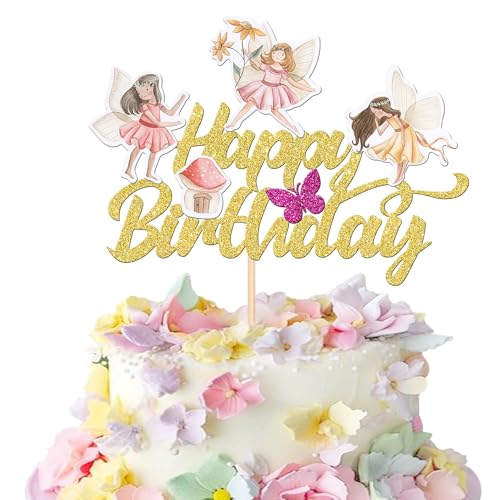 Xsstarmi 1 Packung Fairy Happy Birthday Tortenaufsatz Glitzer Gold Magic Garden Fairy Cake Pick Dekoration für Feen Thema Happy Birthday Baby Shower Party Kuchen Dekorationen Supplies von Xsstarmi