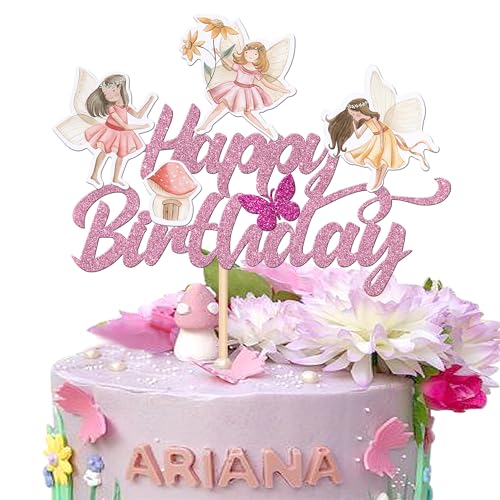 Xsstarmi 1 Packung Fairy Happy Birthday Tortenaufsatz Glitzer Magische Garten Blume Fee Kuchen Pick für Feen Thema Happy Birthday Baby Shower Party Kuchen Dekorationen Supplies Lila von Xsstarmi